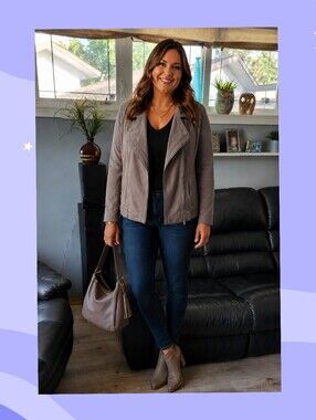 Vex Collection Faux Suede Open Front Moto Jacket Taupe - Size 42 (XL)